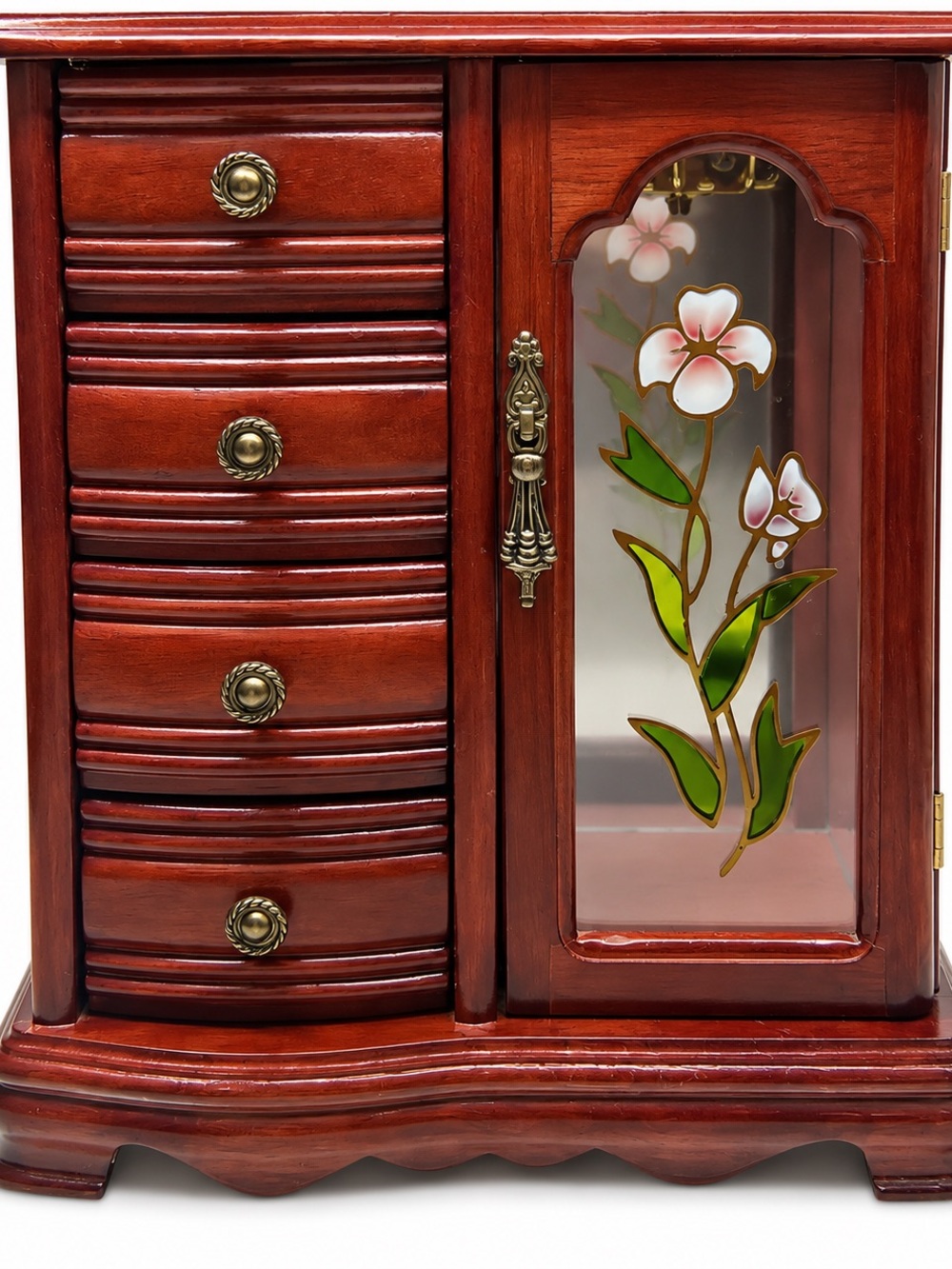 Vintage Wooden Jewelry Cabinet Hand-Painted Glass 4 Drawers Rotating Holder